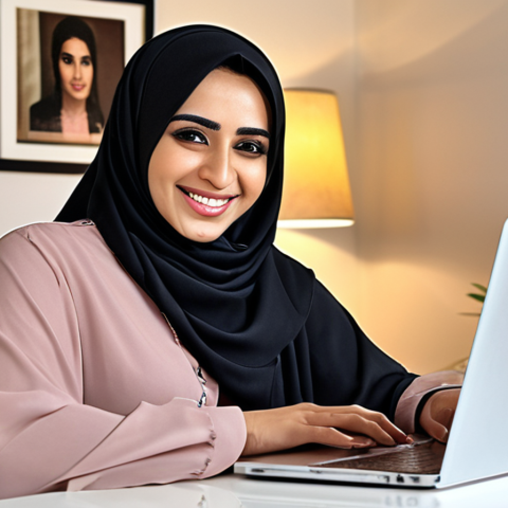 **Image:** A modern Arabic woman, Rym from Riyadh, smiling confidently while working on her laptop in a stylish home office. The background includes elements of digital marketing and her own successful online business.
