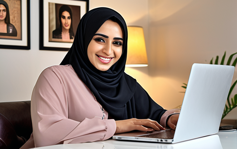 **Image:** A modern Arabic woman, Rym from Riyadh, smiling confidently while working on her laptop in a stylish home office. The background includes elements of digital marketing and her own successful online business.