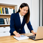 A professional female self-learning coach, fully clothed in modest business attire, is engaged in a collaborative discussion with a male student, also in appropriate professional dress. They are seated at a clean, modern wooden desk in a bright, contemporary co-working space, featuring an open laptop and neatly arranged books. The atmosphere is collaborative and focused, emphasizing personalized guidance. Perfect anatomy, correct proportions, natural pose, well-formed hands, proper finger count, natural body proportions, professional photography, high quality, safe for work, appropriate content, fully clothed, professional, family-friendly.