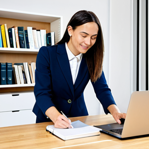 A professional female self-learning coach, fully clothed in modest business attire, is engaged in a collaborative discussion with a male student, also in appropriate professional dress. They are seated at a clean, modern wooden desk in a bright, contemporary co-working space, featuring an open laptop and neatly arranged books. The atmosphere is collaborative and focused, emphasizing personalized guidance. Perfect anatomy, correct proportions, natural pose, well-formed hands, proper finger count, natural body proportions, professional photography, high quality, safe for work, appropriate content, fully clothed, professional, family-friendly.