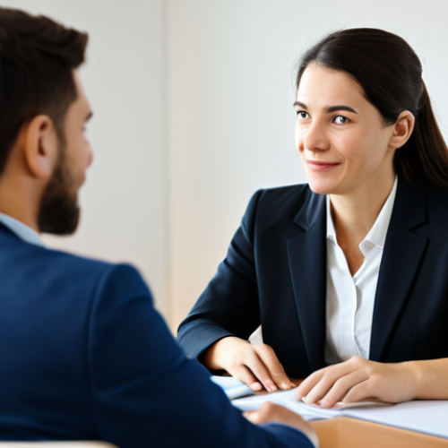 A professional female coach and a male learner engaged in a productive coaching session. Both are fully clothed in modest, appropriate business attire. The coach leans slightly forward, exhibiting active listening and empathy, while the learner speaks with an engaged expression. They are seated at a clean, modern desk in a professional office setting with a blurred, warm background, conveying a focused and collaborative atmosphere. Professional photography, high quality, perfect anatomy, correct proportions, natural pose, well-formed hands, proper finger count, natural body proportions, safe for work, appropriate content, fully clothed, professional, family-friendly.