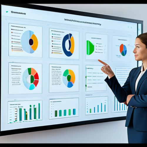 A professional female trainer in a modest business suit, standing confidently in a bright, modern, and minimalist learning center. She gestures towards a large, transparent holographic display that shows intricate data analytics and personalized learning paths, symbolizing the integration of AI in education. The setting emphasizes innovation and technology. High resolution, professional photography, soft studio lighting. safe for work, appropriate content, fully clothed, professional, perfect anatomy, correct proportions, natural pose, well-formed hands, proper finger count, natural body proportions.