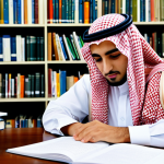 Focused Student**

"A bright and motivated Arab student, fully clothed in modest, professional attire suitable for a university setting, is studying diligently at a desk. Books and papers are neatly arranged around them. The background is a well-lit library with Arabic script subtly visible on the spines of some books. safe for work, appropriate content, perfect anatomy, correct proportions, natural pose, well-formed hands, proper finger count, natural body proportions, professional, family-friendly, high quality."

**