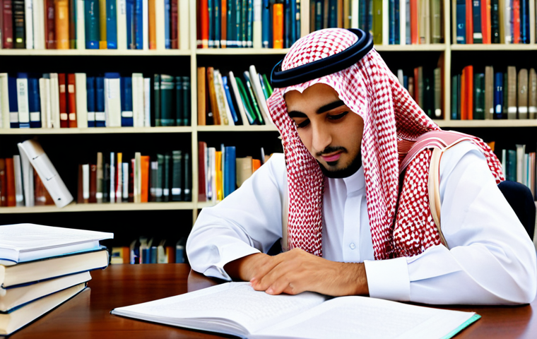 Focused Student**

"A bright and motivated Arab student, fully clothed in modest, professional attire suitable for a university setting, is studying diligently at a desk. Books and papers are neatly arranged around them. The background is a well-lit library with Arabic script subtly visible on the spines of some books. safe for work, appropriate content, perfect anatomy, correct proportions, natural pose, well-formed hands, proper finger count, natural body proportions, professional, family-friendly, high quality."

**