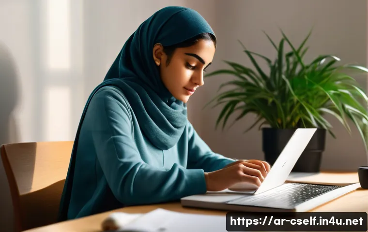 자기주도학습코치와 성공한 수강생 인터뷰 - A focused young Arab woman sitting at a modern desk in a cozy, softly lit room, using a laptop and s...