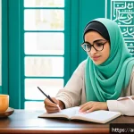 Home 17 자기주도학습코치와 학습 행동 사례 연구 - A focused Arab female student wearing modest casual clothing and glasses, sitting at a desk in a tra...