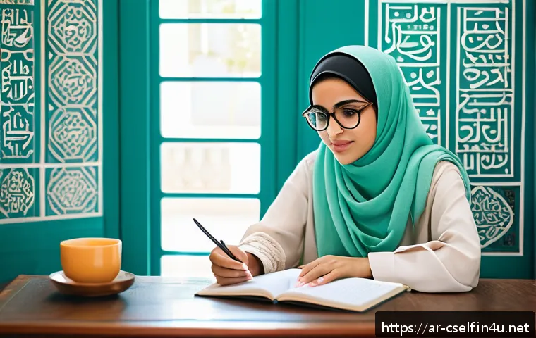 자기주도학습코치와 학습 행동 사례 연구 - A focused Arab female student wearing modest casual clothing and glasses, sitting at a desk in a tra...