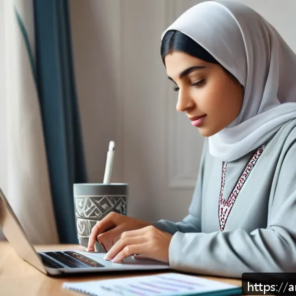 자기주도학습코치의 자가진단 체크리스트 - A focused Arab young adult woman sitting at a modern desk in a cozy home study room, using a laptop ...